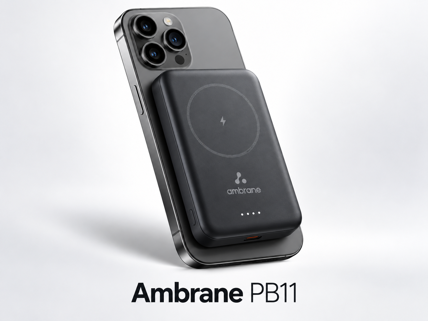 Ambrane PB11 magnetic power bank shown attached to a smartphone