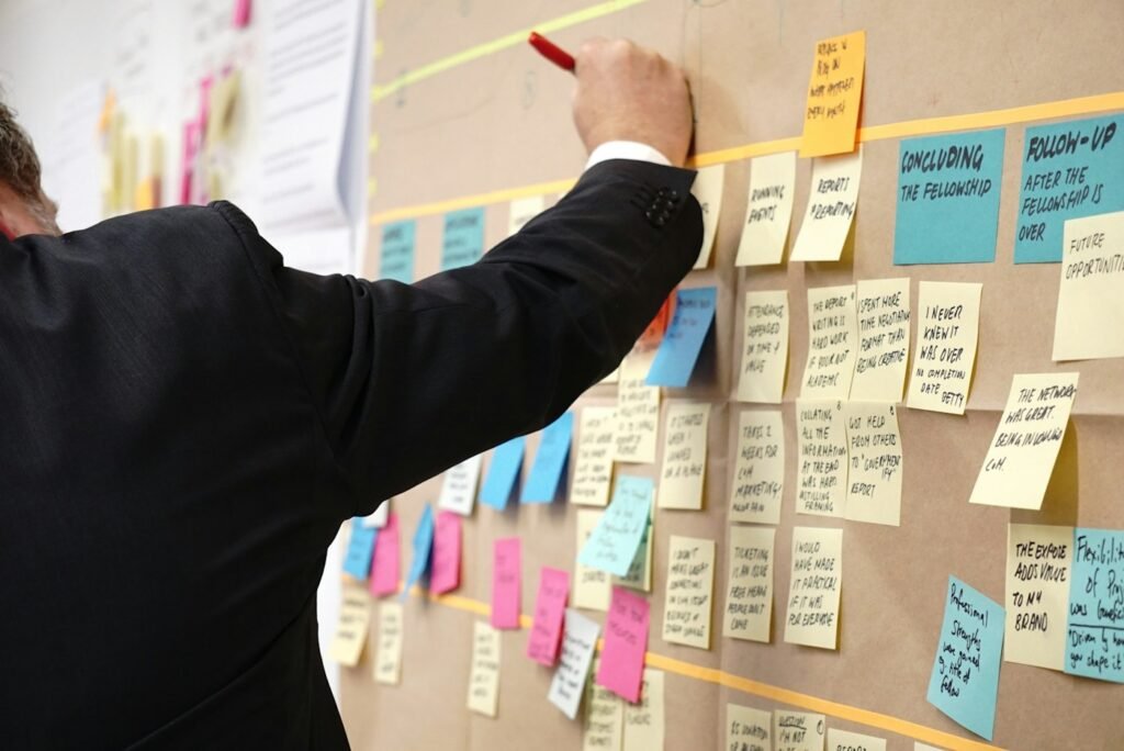 Colorful sticky notes arranged on a planning board to map business workflow steps before AI automation