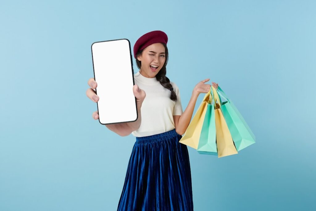 Online shopper using a tablet with shopping bags, illustrating AI-assisted ecommerce and Google Universal Cart