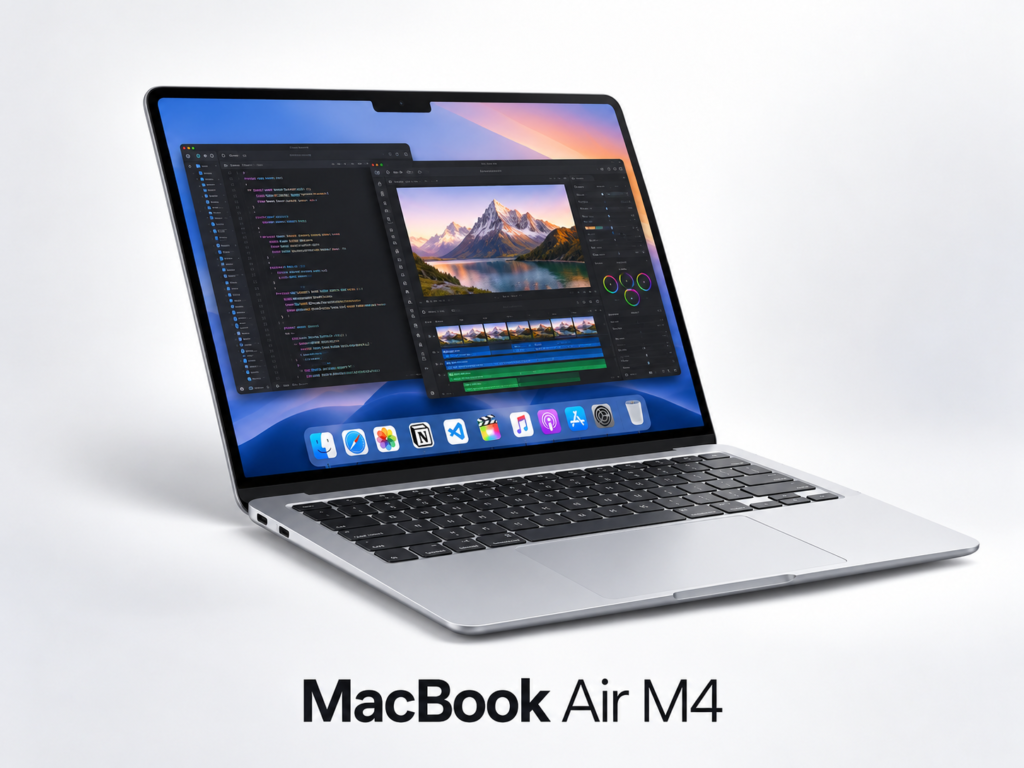 Illustrative visual of a MacBook Air M4 for coding and content creation